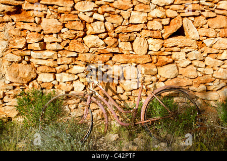 Bicicletta invecchiato arrugginito sul muro di pietra romantica malinconia ricordi Foto Stock