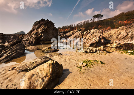 La mattina presto vista della spiaggia di Wembury rocce che conducono al mare con il grande Mewstone sat all'orizzonte Foto Stock