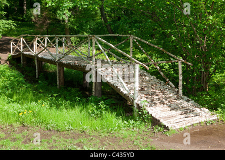 Ponte di legno al piccolo stagno a Leo Tolstoj Estate in Yasnaya Polyana, Russia Foto Stock