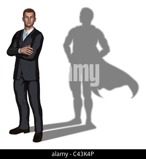 Illustrazione di fiduciosi bel giovane imprenditore in piedi con le braccia incrociate con il supereroe concetto ombra Foto Stock