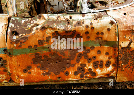 Vecchia auto, porta, riddled con fori di proiettile, arrugginiti, arrugginito, tiro al bersaglio, rifiuti, rifiuti Foto Stock