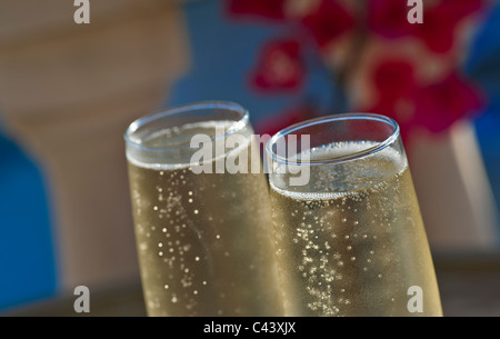 Chiudere la vista su appena spillata bicchieri di champagne all'aperto sul soleggiato giardino floreale terrazza Foto Stock