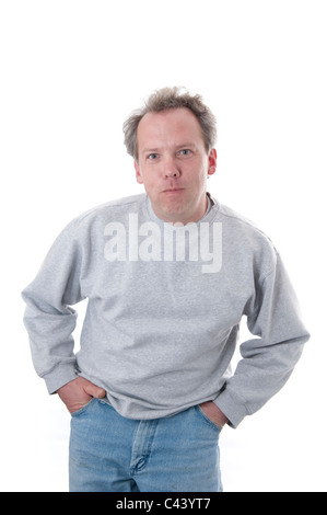 Studio shot, rilascio, cut-out, sfondo bianco, uomo, ritratto, in piedi, incautamente, felpa, pullover, maglione di lana, jeans, han Foto Stock