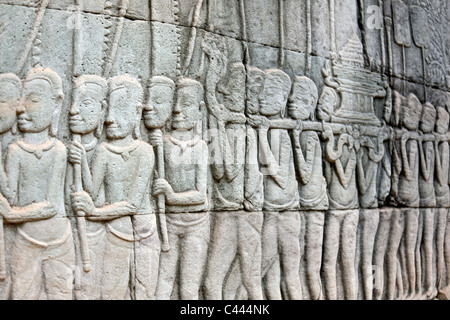 Bassorilievi. Tempio Bayon. Angkor Thom. Cambogia Foto Stock