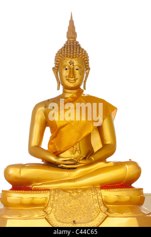 Golden statua del Buddha isolato su sfondo bianco Foto Stock