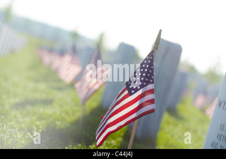 Fila di bandierine americane di marcatura del veterano tombe del Memorial Day Foto Stock