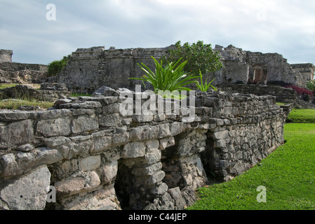 Casa delle colonne in rovina maya sito in Tulum Messico con la terrazza del palazzo in primo piano Foto Stock
