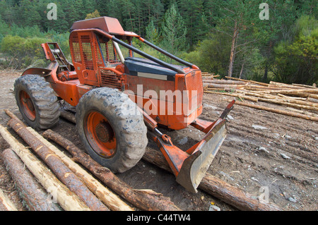 Buldozer e linee intagliate in una foresta, Anso Pirenei, Huesca, Aragona, Spagna Foto Stock