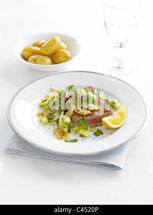 Disseccata di tonno con verdure sulla piastra, close-up Foto Stock