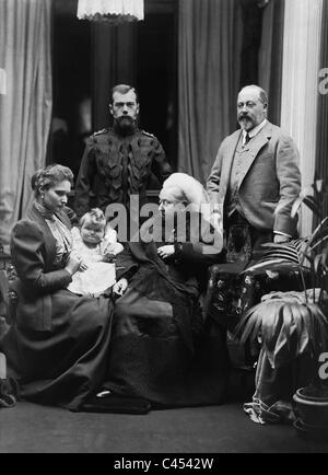 La regina Victoria con lo Zar Nicola II e Edward VII Foto Stock