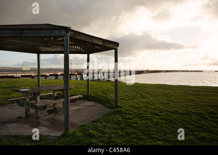 Shelter per picnic con Tanker Jetty in background. Esperance Bay, Esperance, Australia occidentale, Australia Foto Stock