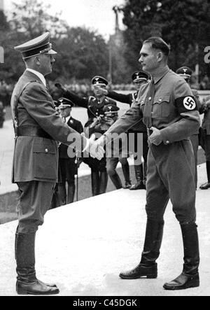 Rudolf Hess e Adolf Hitler sul Rally di Norimberga, 1938 Foto Stock