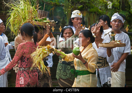 Le donne portano offerte per la pura Tirta Empul tempio complesso durante il GALUNGAN FESTIVAL - TAMPAKSIRING, Bali, Indonesia Foto Stock