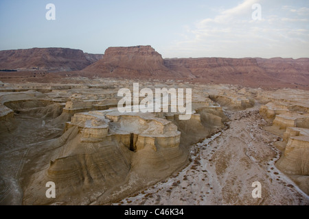 Altitudine bassa vista del sito archeologico di Masada nel deserto della Giudea Foto Stock