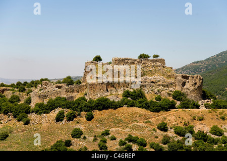 Fotografia aerea delle rovine della fortezza di Nimrod nel nord del Golan Foto Stock