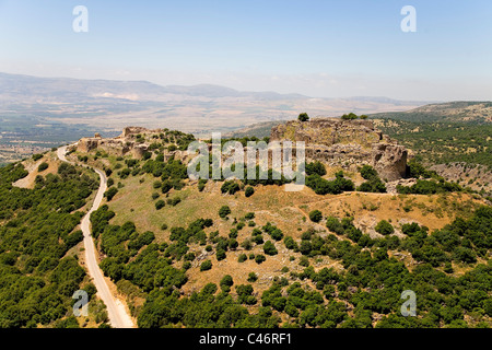 Fotografia aerea delle rovine della fortezza di Nimrod nel nord del Golan Foto Stock