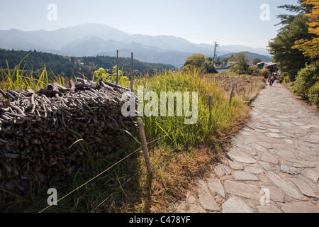 Nakasendo post road tra Magome e Tsumago in Kiso Valley, Nagano, Giappone. Foto Stock