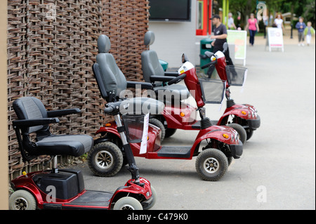 Mobilità scooter schierate in attesa di essere ingaggiato lo Zoo Twycross England Regno Unito Foto Stock