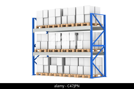 Ripiani del magazzino. Rack pallet, pieno. Isolato su bianco. Parte di un deposito di colore blu e la logistica serie. Foto Stock