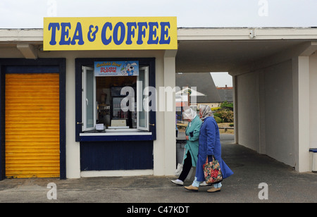 Due anziane signore camminando lungo Littlehampton lungomare su un tipico British opaca giornata estiva sulla costa sud REGNO UNITO Foto Stock