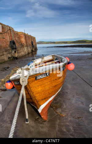 Piccola barca da pesca denominato 'seagull' Ormeggiata al pontile entro la costa dell'Ayrshire, in Scozia Foto Stock