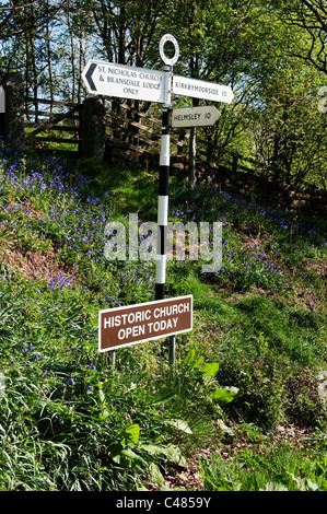 Bluebells e cartello stradale nei boschi in Bransdale Foto Stock