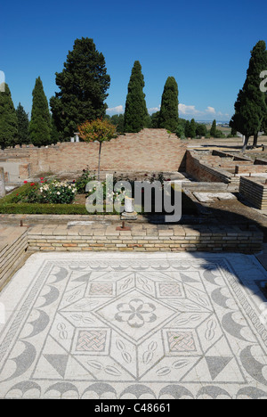 Un pavimento a mosaico con l'antica città romana di Italica vicino a Siviglia, Spagna. Foto Stock