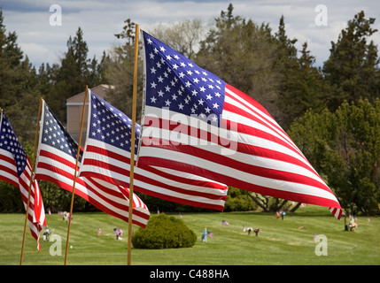 Bandierine americane e fiori volare su un cimitero del Memorial Day Foto Stock