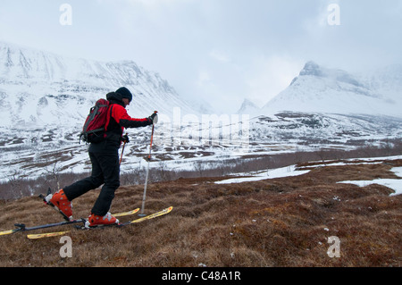 Skitourengeher auf einer schneefreien Wiese im Tal Vistasvaggi, Vistasdalen, Kebnekaisefjaell, Norrbotten, Lappland, Schweden Foto Stock