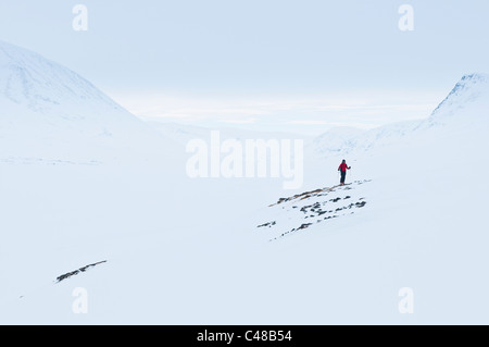 Skitourengeher im Tal Stuor Reaiddavaggi, Kebnekaisefjaell, Norrbotten, Lappland, Schweden Foto Stock