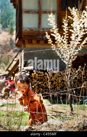 Un giovane ragazzo bhutanesi in abito tradizionale si affaccia sul suo giardino recinto al di fuori della sua casa rurale in Bhutan. Foto Stock