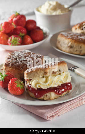 Inglese tradizionale con scones con confettura di fragole e panna Foto Stock
