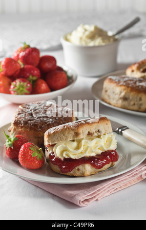 Inglese tradizionale con scones con confettura di fragole e panna Foto Stock