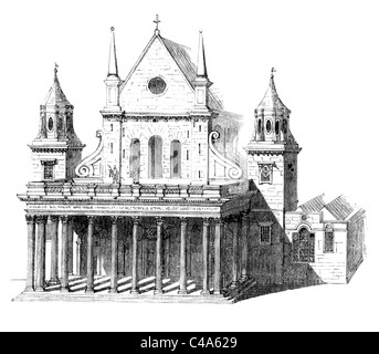 Inigo Jones' Portico, west end della vecchia cattedrale di St Paul, Londra; Bianco e Nero illustrazione; Foto Stock