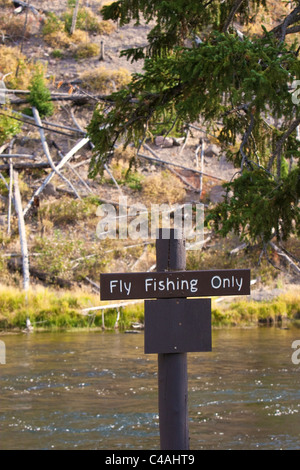 Posted segno lungo un argine Firehole (Fiume) nel Parco Nazionale di Yellowstone indicando solo "fly fishing" è consentito. Foto Stock