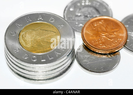 Pila di due dollari monete Canadesi con focus sull'orso polare con altre monete intorno compreso un centesimo di rame con Foglia di acero. Foto Stock