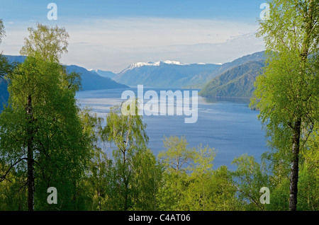 Lago Teletskoe dal di sopra. Il Altyn troppo ridge. Altai, Siberia, Russia Foto Stock