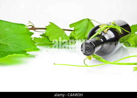 Una bottiglia di vino rosso con foglie e viticci Foto Stock