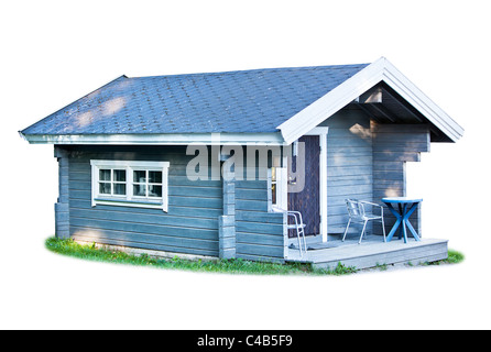 Piccolo cottage di legno isolato su bianco. Foto Stock