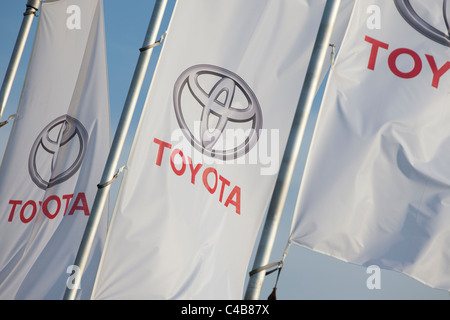 Bandiere bianche del marchio Toyota su pali di metallo che sventolano contro un cielo blu chiaro, mostrando il logo rosso Toyota e le lettere Foto Stock