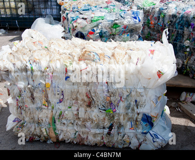 Bottiglie di plastica e altri contenitori sono state raccolte e confezionate presso l Università del Montana, Missoula. Foto Stock