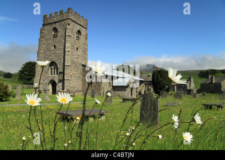 Fiori Selvatici nella parte anteriore del St Oswald è la Chiesa, Horton-In-Ribblesdale, Yorkshire Dales, Pen-y-Ghent è in background Foto Stock