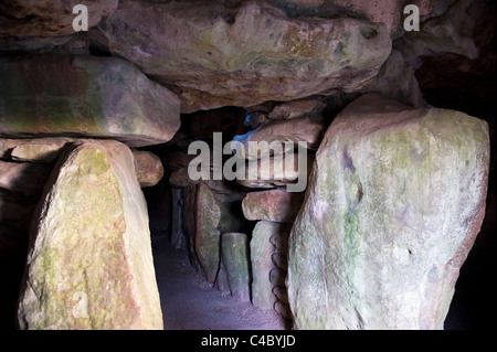 Interno del West Kennet Long Barrow, tomba neolitica, nei pressi di Avebury, Wiltshire, Regno Unito Foto Stock
