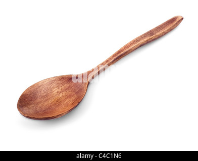 Cucchiaio di legno isolato su sfondo bianco Foto Stock