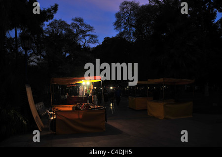 Visione notturna di alberi scuri e illuminato in aria aperta del mercato bancarelle di artigianato, Plaza Independencia, Mendoza, Argentina Foto Stock