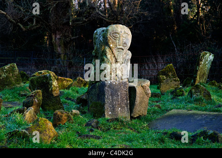 A due di fronte Celtic figura, Janus Pietra, Caldragh cimitero, Boa Island, inferiore del Lough Erne, County Fermanagh, Irlanda del Nord Foto Stock