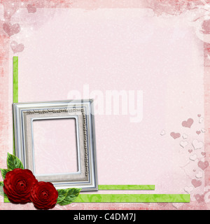 Sfondo rosa con cornice in argento per foto e rose rosse Foto Stock