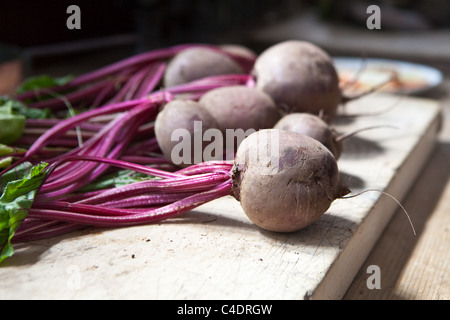 La barbabietola rossa fresca sul tagliere di legno Foto Stock