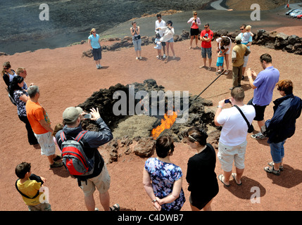 I turisti a guardare il calore vulcanico appiccato il fuoco per asciugare il lichen Timanfaya Parco, Lanzarote, "Isole Canarie" Foto Stock