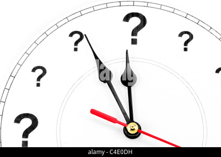 Punto interrogativo orologio, il concetto di tempo Foto Stock